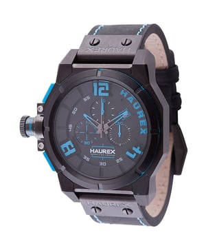 HAUREX ITALY:SPACE BLACK/BLUE WATCH
Haurex's mission statement is to offer an accessible and joyful spin on Italian design. Over the course of several decades, they've earned a reputation for fashion-forward, innovative watches.

Product Details
OriginSwitzerland
— Model #: 6N510UBB
— Gender: Male
— Movement: Quartz
— Case Diameter: 47mm
— Case Thickness: 13.5mm
— Case Material: Stainless Steel
— Crystal Material: Mineral
— Dial Color: Black
— Water Resistant: 50M
— Bracelet Material: Leather
— Bracelet/Band: Original
— Buckle: Original Tang
— Condition: New
— Documents: Warranty Card
— Booklets: Instruction Manual
— Box Type: Branded
— Warranty: Manufacturer's 2 Year Limited