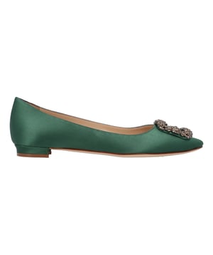 Satin almond toe flats finished with a square crystal buckle encased in a gunmetal frame.

 Upper: 68% viscose, 32% silk.
Sole: 100% cow leather.
Lining: 100% kid leather.
Heel measures 10 mm.
Italian sizing.
Made in Italy.Measurments: