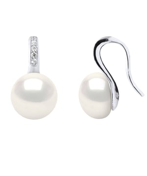Earrings - Jewelry Silver - Real Cultured Freshwater Pearls Button 9-10 mm - Paving Cubic Zirconia - COLOR NATURAL WHITE - Clasp Clip - Delivered with Certificate of Authenticity and International Guarantee -