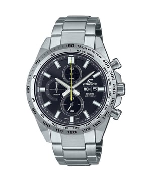 This Casio Edifice Chronograph Watch for Men is the perfect timepiece to wear or to gift. It's Silver 41 mm Round case combined with the comfortable Silver Stainless steel watch band will ensure you enjoy this stunning timepiece without any compromise. Operated by a high quality Quartz movement and water resistant to 10 bars, your watch will keep ticking. This sporty and trendy watch is a perfect gift for New Year, birthday,valentine's day and so on. This Chronograph watch has a Calendar function: Day-Date , Stop Watch , Luminous Hands , Luminous Numbers and Tachymeter High quality 21 cm length and 19 mm width Silver Stainless steel strap with a Fold over with push button clasp Case diameter: 41 mm,case thickness: 11 mm, case colour: Silver and dial colour: Black
