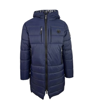 Plein Sport Padded Small Circular Logo Branded Navy Blue Long Jacket. Stay warm and stylish with the Plein Sport Padded Circle Logo Navy Blue Jacket! Crafted with comfort in mind, this sleek Navy Blue jacket features padded lining and the signature Plein Sport circle logo. Enjoy superior warmth paired with timeless elegance!. Zip Closure Front Pockets, Patch On Chest, Central Zip Closure, 4 Pockets. Hooded Coat, Filling: 100% Polyamide, Lining : 100% Polyester. Padded Jacket, Zip Closure. Style: UPPS27E 85