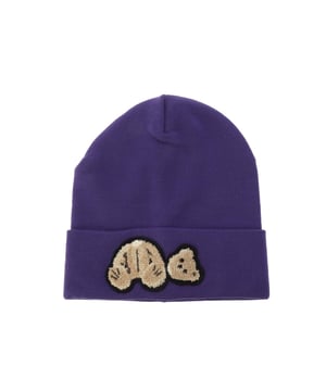 Womens Palm Angels Bear Beanie in purple - brown.- Soft wool blend knit.- Turn-up cuff with Bear graphic patch to front.- One size.- 50% Wool  50% Acrylic.  Detail: 40% Wool  40% Acrylic  20% Polyester.  Dry clean only.- Ref: PWLC0090013760