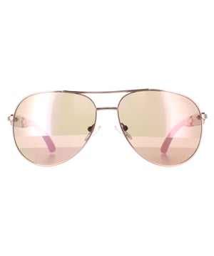 Guess Aviator Womens Shiny Rose Gold Brown Mirror GU7295  Sunglasses are a sophisticated aviator frame, exuding a sense of timeless elegance. The frame is crafted from high-quality metal, known for its durability and lightweight feel, ensuring long-lasting comfort throughout the day. The slender temples feature the Guess logo for authenticity.