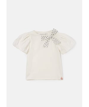 The cutest tee you ever did see. Super soft cotton in classic ivory with a sweet woven puff sleeve and finished with an oversize spotty bow. FabBOWlous!. About Me: 95% Cotton 5% Elastane. Look After Me: Think Planet. Wash At 30C.
