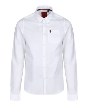 This classic LUKE long sleeved shirt is an essential item for your wardrobe, classically styled with a buttoned-down collar and a simple chest patch pocket. It is detailed with imitation river shell plastic buttons on the central front placket, running from hem to collar and is completed with the brand's iconic lion head embroidery on the left chest. Tailored fit. Iconic LUKE BLACK, GOLD, RED lion head embroidery. Iconic LUKE tri-colour trim tape. Left chest pocket detail-Imitation river shell plastic buttons. Central front placket. Button down collar detail at front and central at back. Back yoke detail and external back box pleat. Long sleeve with buttoned cuff..