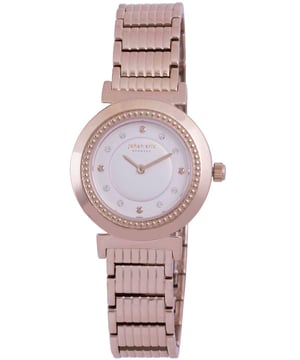 Johan eric: djursland, women's, silver dial watch, applied screw like indexes w swarovski crystals, rose gold ip coated stainless steel case & bracelet..