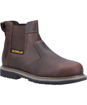 Powerplant Dealer Safety Boot van Cat met Goodyear Welted Constructie en Nitril Rubberen buitenzool, 200 Joules stalen neus, uitneembaar PU-voetbed, gewatteerde PU-kraag, drievoudig gestikte naden, buitenzool hittebestendig tot 300C, energieabsorbere