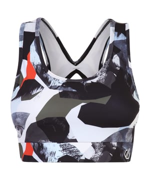 82% Recycled Polyester, 18% Elastane. Fabric: Jersey, Q-Wic, Soft Touch. Design: Abstract, Logo. Fabric Technology: Moisture Wicking. Back Style: Cut Out. Low Impact, Removable Bust Pads. Sustainability: Made from Recycled Materials. Neckline: Scoop.