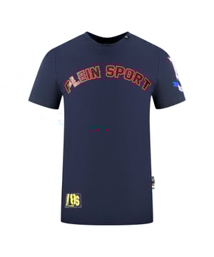 Plein Sport Multi Colour Logos Navy Blue T-Shirt. Stay comfortably stylish in the Plein Sport Multi Colour Logos Navy T-Shirt. This Navy tee is emblazoned with bold and colorful logos, making it the perfect way to add a pop of personality to your wardrobe! Show off your vibrant style with this unique t-shirt.. Stretch Fit 95% Cotton, 5% Elastane, Plein Sport Navy Tee. Plein Sport Branded Logo, Crew Neck, Short Sleeves. Made In Italy, Slim Fit. Style Code: TIPS117IT 85