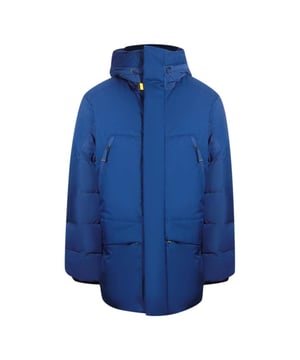 Chaqueta azul Parajumpers, dos bolsillos delanteros con cremallera, parche PJS en la manga izquierda, chaqueta 100% poliester, chaqueta de plumas