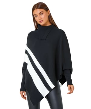 Roll Neck Wool Blend Stripe Poncho from Roman. Add some interesting knits to your collection this season with this asymmetric, stripe print poncho. Cut from a soft, wool-blend knit, this piece features a cosy roll neck and full-length sleeves. Adorned in a bold stripe print this poncho will make a seasonal statement this Autumn. Pair with leather trousers and boots for an on-trend, everyday style perfect for Christmas markets and cosy days out!