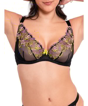 Curvy Kate Stand Out Plunge Bra. High apex plunge bra with a scooped neckline, inner sling for forward projection and floral embroidery. The product is recommended for hand wash only.