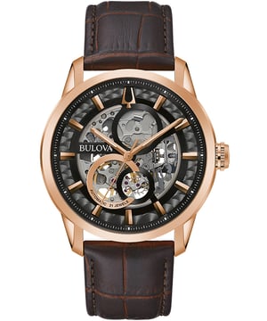 Deze Bulova Sutton Analoge Horloge voor Mannen is het perfecte tijdsvenster om te dragen of cadeau te geven. De rosegouden 43 mm ronde kast in combinatie met de comfortabele bruine leren horlogeband zorgt ervoor dat je kunt genieten van dit verbluffende tijdsvenster zonder enige concessies. Aangedreven door een hoogwaardige automatische beweging en waterbestendig tot 3 bar, blijft je horloge tikken. Dit automatische (opgeladen door elke beweging van je pols; heeft nooit een batterij nodig) herenhorloge van Bulova heeft een verfijnd ontwerp met een volledig tentoonstellingsdial en kastdeksel - Het horloge heeft een functie: Luminous Hands, hoogwaardige 21 cm lange en 21 mm brede bruine leren band met een vouwsluiting. Gevaldiameter: 43 mm, kastdikte: 12 mm, kastkleur: rosegoud en dialkleur: multikleur.
