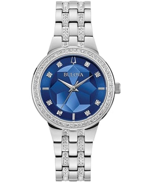 This Bulova Phantom Crystal Analogue Watch for Women is the perfect timepiece to wear or to gift. It's Silver 32 mm Round case combined with the comfortable Silver Stainless steel watch band will ensure you enjoy this stunning timepiece without any compromise. Operated by a high quality Quartz movement and water resistant to 3 bars, your watch will keep ticking. This elegant, fashionable watch set with 120 beautiful crystals is a perfect gift for New Year, birthday,valentine's day and so on High quality 19 cm length and 15 mm width Silver Stainless steel strap with a Fold over with push button clasp Case diameter: 32 mm,case thickness: 9 mm, case colour: Silver and dial colour: Blue