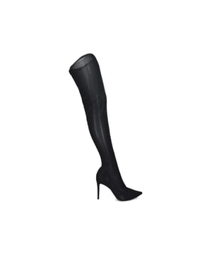 Created with a black mesh upper, the Catwalk boots reach over the knee for a show stopping finish to looks. The inner side features a zip for comfort and a pointed toe, all sat on a 100mm stiletto heel.