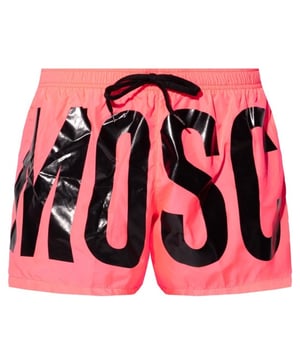 Moschino Pink Swim Shorts, Elasticated Waistband, Drawstrings, All-over Print Logo, 100% Polyester, Made In China, Large Brand Logo All Around, Brand Logo, Pink Swim Wear