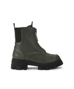 This Carvela Explorer Zip is a chunky Chelsea boot. The upper is in khaki with a statement zip front and branded tabs at the ankle. The tread is in a chunky black.