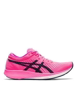 Asics Metaracer Running Shoes Ladies - Take your racing to the next level in the Asics Ladies Metaracer Road Running Shoes. This neutral runner is designed for fast pace with Guidesole technology for a springy feel in each step and an inbuilt carbon fibre plate midsole for a rolling motion to propel your foot forward. There is Flytefoam cushioning for additional responsiveness with an Asicsgrip rubber outsole for plenty of traction and a breathable mesh upper created to capture as much airflow as possible with water drainage ports too to ensure you're feet stay cool while you perform. A bold colour design and classic Asics branding complete the appearance of this shoe. Synthetic and textile upper with synthetic sole.