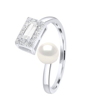 Ring adjustable Cubic Zirconia - Real Cultured Freshwater Pearl Button 5-6 mm - COLOR NATURAL WHITE - Silver 925 Rhodium plated - Delivered in box and with its Certificate of Authenticity and International Guarantee - Made by Our French Artisans Jewelers