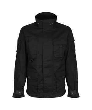 Material: 97% Cotton, 3% Elastane Twill. Fabric: Coolweave. Design: Plain. 200gsm. Cuff: Adjustable, Snap Fastening. Cut Out Label, D-Ring, Pleated Back. Sleeve-Type: Long-Sleeved. Neckline: Standing Collar. Pockets: 2 Chest Pockets, Zip, 2 Front Pockets, Flap Closure, Tear Release, Sleeve. Fastening: Full Zip, Stormflap, Stud. Sustainability: Better Cotton Initiative, Ethical Trading Initiative, REACH, Sustainable Materials.