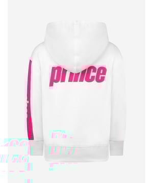 Sporty style just got better for her with this Prince Off Court white Stance Hoodie. For any time of the year, they can pull this on over their favorite T-shirt. Details of the hoodie include pink contrast with Prince logo, attached hood and kangaroo pocket. This hoodie is made of 60% cotton and 40% polyester. Before washing make sure to turn inside to protect the lettering and machine wash on a delicate cycle.