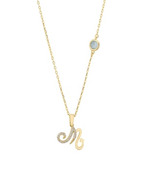 Dive deep into the mystery and passion of Scorpio with our Zodiac Scorpio Birthstone Necklace Blue Topaz Gold. This exquisite piece is crafted from the highest quality 925 sterling silver with a luxurious 18ct gold plating, reflecting the intensity and depth Scorpios are known for. At the heart of the pendant, designed to echo the Scorpio constellation, cubic zirconia stones glimmer with a secretive light, mirroring the enigmatic nature of those born under this sign. Nestled further up the adjustable chain, which spans from 40 to 45cm, lies a lab-created blue topaz, the birthstone that aligns with Scorpio's powerful and transformative energy. Perfect for those born between October 23rd and November 21st, this necklace is not just a piece of jewellery but a symbol of Scorpio's strength, passion, and resilience.