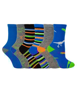 Boys will be boys, love pulling faces and love dinosaurs! So now they’ve got some funky socks to go with them, Socks with faces and dinos on! So consider these socks as part of their outfit to keep them ever young and innocent. With a soft polyester material these socks will be sure to keep your kids feet comfortable throughout the day. One pack comes with two funny faces and the other pack comes with colourful printed designs of their favourite dinosaurs, including T-Rex! Ideal for lasting all day while they’re out playing and being themselves. They are a great novelty gift for your boys or even a gift for your friends' boys? Bright, vibrant and loads of fun. Especially if they love pulling faces or playing as their favourite dino! These socks come in a 6 pair pack, have 3 sizes available: 9-12, 12-3 & 4-6 UK, are 98% Polyester 2% Elastane and they are also machine washable