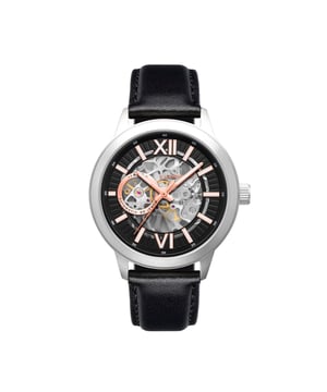 A stunning view of the skeleton-like automatic movement shows off the mechanical operation of the Raleigh. Crafted from solid stainless steel, this is a modern take on heritage style timekeeping.