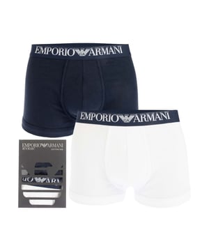 Mens Emporio Armani Iconic Cotton Rib 2 Pack Boxer Briefs in marine - white.- Comprises 1 pair x marine - 1 pair x white boxer briefs.- Crafted from comfortable ribbed stretch cotton jersey.- Branded elasticated waistband.- 95% Cotton  5% Elastane.  Machine washable.To fit waist:XS = 27-29inS = 30-32inM = 32-34inL = 34-36inXL = 37-39inXXL = 39-41in- Ref: 11202317135We regret that underwear is non-returnable due to hygiene reasons.