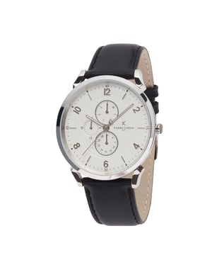 This Pierre Cardin Pigalle Boulevard Multi Dial Watch for Men is the perfect timepiece to wear or to gift. It's Silver 44 mm Round case combined with the comfortable Black Leather watch band will ensure you enjoy this stunning timepiece without any compromise. Operated by a high quality Quartz movement and water resistant to 3 bars, your watch will keep ticking. This sporty and clasical watch is perfect for every occasion! -The watch has a calendar function: Day-Date, Luminous Hands, 24-hour Display High quality 21 cm length and  21 mm width Black Leather strap with a Buckle Case diameter: 44 mm,case thickness: 8 mm, case colour: Silver and dial colour: White