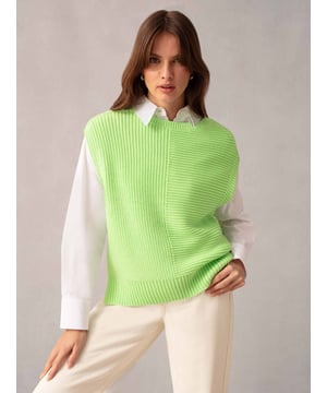 Co-founders' Notes
 
 Introducing our Oversized Knit Vest Top, a cosy and stylish addition to your wardrobe. Crafted from a soft wool blend knit, this tank boasts a chunky look and irresistibly soft hand feel. Detailed with panelled rib knit to add a touch of texture. Designed with an intentionally oversized fit, it offers versatile styling options â€“ wear it effortlessly with a shirt underneath or flaunt a bold statement without. The trendy green colour makes this tank a must-have staple for a fashion-forward look.
 50% Wool Blend Yarn
 
 Oversized Fit
 Rib Detailing
 Oversized fit. Try a size down for a more snug fit
   
 
 
 Fabric &amp; Care
 
 
 
 Composition: Main: 50% Wool 50% Acrylic
 
 
 Garment Care: Hand wash
 
 
 
 Size &amp; Fit
 
 
 Oversized fit. Try one size down
 
 Length: 60cm (size 10)
 
 Model is 170 cm/5'7" and is wearing a size 10