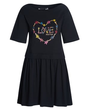 100% katoen; Love Moschino-jurk; Model: W5B0002M3876 C74; Hoogwaardige afwerking; Zacht katoen; Korte mouw, knielengte; Ik hou van Moschino-logodetails