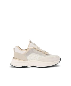 This Carvela Swift Runner trainer features a cream upper with tweed panels. The front laces up with gold Icon C stud on the tongue.