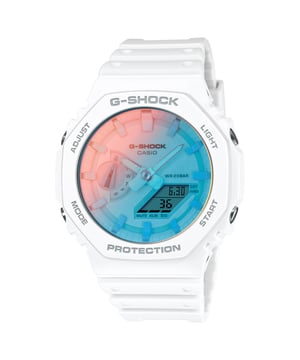 This Casio G-shock Analogue-Digital Watch for Men is the perfect timepiece to wear or to gift. It's White 45 mm Round case combined with the comfortable White Plastic watch band will ensure you enjoy this stunning timepiece without any compromise. Operated by a high quality Quartz movement and water resistant to 20 bars, your watch will keep ticking. Set your mood to summertime and easy with a radiant G-SHOCK featuring a watch face in eye-catching color.   This special vapor deposition process reflects various hues of light, capturing the vistas of the ever-changing seaside. This Analogue-Digital watch has a calendar function: Day-Date as well as Stop Watch , Countdown , Worldtime , Alarm and Light High quality 21 cm length and 23 mm width White Plastic strap with a Buckle Case diameter: 45 mm,case thickness: 11 mm, case colour: White and dial colour: Blue
