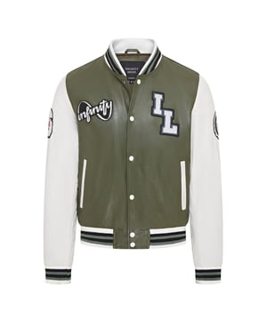 Introducing the Men's Baseball Leather Jacket, a perfect blend of classic varsity style and modern craftsmanship. This letterman bomber jacket features contrasting sleeves and a striped knit ribbed collar, waistband, and cuffs for a timeless athletic look. The press studs front closure and embroidered brand logo patches on the chest and sleeves add a touch of authenticity and flair. Designed with practicality in mind, it includes two jet pockets at the waist and two inside welt pockets for your essentials. The panelling to the back of the jacket ensures a tailored fit and superior comfort.

Contrasting sleeves for a stylish look
Striped knit ribbed collar, waistband, and cuffs for a classic finish
Press studs front closure for easy wear
Embroidered brand logo patches on the chest and sleeves for added detail
Two jet pockets at the waist and two inside welt pockets for convenience