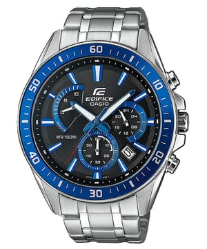 Este reloj cronógrafo Casio Edifice para hombres es la pieza de tiempo perfecta para usar o regalar. Su caja redonda de 45 mm en plata combinada con la cómoda correa de acero inoxidable plateada te asegurará disfrutar de esta impresionante pieza sin ningún compromiso. Funciona con un movimiento de cuarzo de alta calidad y es resistente al agua hasta 10 bares, por lo que tu reloj seguirá funcionando. Este reloj tiene una batería de larga duración de hasta 10 años. Este Casio es el reloj ideal para acompañarte a donde quiera que vayas. -El reloj tiene una función de calendario: Fecha, Cronómetro, Pantalla de 24 horas, Manecillas luminosas. Correa de acero inoxidable plateado de alta calidad con una longitud de 21 cm y un ancho de 20 mm, con cierre plegable de botón a presión. Diámetro de la caja: 45 mm, grosor de la caja: 12 mm, color de la caja: plata y color de la esfera: azul.