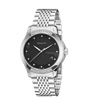 Model: YA126408EAN: 731903316454Movement: QuartzBracelet color: Silver-toneWaterproofing: 30 meters / 100 feetDial color: BlackBracelet material: Stainless SteelDate: Yes, at the 4 o'clock positionDial diameter: 38 mmDial thickness: 8 mmGender: UnisexDisplay: AnalogStyle: FashionCollection: Gucci G-TimelessGlass type: Crystal Set