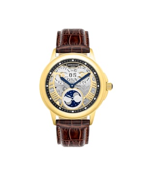 Collection: Alfred Waterhouse Grand Date Moon Phase 
Model: Es-8245-04
Movement: Automatic 
Case Material: Stainless Steel
Case Diameter (mm): 42
Case Thickness (mm): 14.5
Case Shape: Round
Case Color: Gold
Dial Color: Gold
Band: Genuine Leather Strap
Band Color: Brown
Buckle: Strap Buckle
Band Width (mm): 22
Water Resistance: 3 Atm
Watch Weight (g): 140
Warranty: 2 Years International Warranty