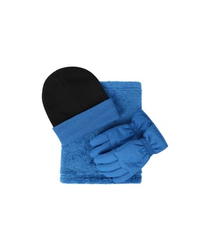 100% Polyester. Fabric: Fleece, Knitted, Soft Touch. Cuff: Adjustable Wrist Strap. Contents: 1 Beanie, 1 Neck Gaiter, Gloves. Reversible. Water Resistant.