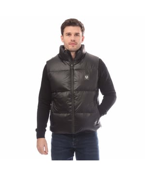 Mens Belstaff Down Filled Ripstop Resolve Gilet in black.- Hood and hem drawcord.- Water resistant double centre front zip.- Zip fastening hip pockets.- Silicone phoenix badge on the chest.- Packable functionality.- 750 fill power down.- 100% RDS certified down and feather (IDFL CERT TE-00103785) with PFAS free water-repellent finish.- High-shine  100% recycled nylon in a micro ripstop construction.- High performance  lofty  ultralight and highly insulating down gilet style.- 100% Polyamide.- Ref: 105160BLACK