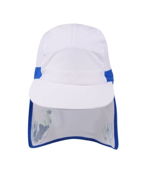85% Polyester, 15% Elastane. Design: Bubbles, Contrast Detail, Fish, Logo, Printed, Shark. Fabric Technology: Durable. Flat Brim, Sunshade Neck Protector. Sun Rating: UPF 50+. Sustainability: Made from Recycled Materials.