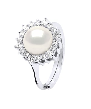 Ring Jewelry - Real Cultured Freshwater Pearl Round 8-9 mm - Jewelry Solitaire Cubic Zirconia - Silver 925 Rhodium plated - COLOR NATURAL WHITE- Size adjustable from Size 48 to Size 62 - Delivered in box and with its Certificate of Authenticity and International Guarantee - MADE IN FRANCE