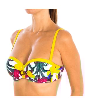 Bikinioberteil für Frauen.
 Schmeichelhafte Blumendruck in gelben Tönen auf der Brust mit leuchtend gelben und eine dekorative Schnalle zwischen den Tassen beendet.
 Es wird Sie genießen die beste Dekolleté mit der Möglichkeit, zu entfernen und setzen die Riemen Vermeidung von Marken.
 Farbe Weiß-Blumendruck
 Integrierte Pads.
 Avantgardistisches Gewebe mit hoher Formbarkeit, hoher Beständigkeit gegen Chlor, Bräunungscremes und Öle sowie ausgezeichneten Feuchtigkeitsaufnahmeeigenschaften.

 Zusammensetzung: Außenseite: 80% Polyamid, 17% Elastan, 3% Lycra; Innenseite: 48% Polyamid, 30% Elastan, 22% Lycra.

 Handwäsche.
 Nicht bügeln und keine Bleichmittel verwenden.
 Nicht im Trockner trocknen.
 Nicht zum Abtropfen verdrehen.
 Zusammensetzung: Außen: 80% Polyamid, 17% Elastan, 3% Lycra; Innen: 48% Polyamid, 30% Elastan, 22% Lycra.
 Pflegehinweise:
Handwäsche.
 Nicht bügeln und nicht bleichen.
 Nicht im Trockner trocknen.
 Nicht zum Abtropfen verdrehen.
