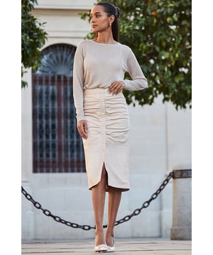 REASONS TO BUY:

The skirt your tops deserve
Made from the softest, butteriest leather
Chic column style
Figure-enhancing ruched detail
Sits high on the waist for a flattering fit
Effortlessly chic with a fine knit and knee-highs