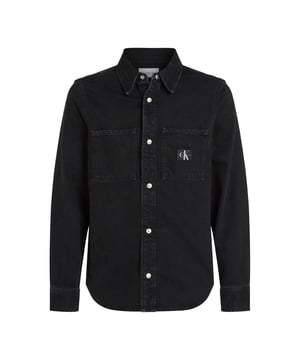 Mens Calvin Klein Logo Patch Denim Shirt in black.- Classic collar.- Front press-stud fastening.- Two chest flap pockets.- Press-stud fastening cuffs.- Faded effect.- Curved hem.- Ref: J30J3258951BY