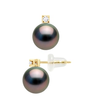 Oorbellen LUXE - Diamonds 0,04 Cts - Yellow Gold 750 duizendste - Gekweekte parels uit Tahiti Round 8-9 mm - silicone systeem kinderwagens - Wordt geleverd in een koffer met een certificaat van echtheid en een internationaal Garantie - Al onze sieraden worden vervaardigd in Frankrijk.