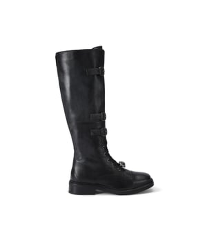This Kurt Geiger Monument Strap Boot is crafted from a black leather. There are three buckled straps across the front of the boot and a lace up detail at the bottom. There is a statement antiqued silver oval trim with eagle head at the centre with all over crystal detail attached to the laces.