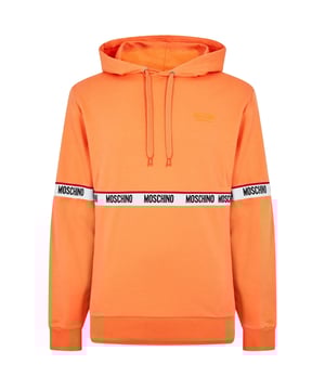 Moschino Orange Hoodie, Elasticated Sleeve Ends and Waist, Drawstring Hood, Moschino Tape Branding Around Lower Chest And Around Arms, 95% Cotton, 5% Elastane, Branding On Left Chest, Moschino Collection, Taped Branding, Monotone Logo On Chest