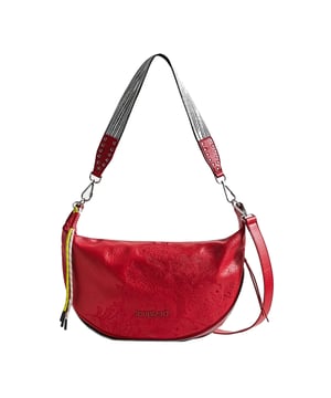 Este bolso de hombro en forma de media luna es un compañero para muchas ocasiones. Con un compartimento principal y un compartimento adicional con cremallera en la parte de atrás, ofrece suficiente espacio para tus esenciales diarios. El espacio de almacenamiento se puede ajustar con una cremallera en la parte inferior del bolso. El compartimento principal se cierra con una cremallera y tiene un bolsillo con cremallera y dos bolsillos deslizables en el interior. Tres asas desmontables brindan flexibilidad: una asa corta para llevar a mano, una correa ajustable para el hombro y una correa larga y ajustable para llevar como bolso de hombro. Hay un colgante de cordón desmontable en el lateral. La delicada bordadura tono sobre tono le da al bolso un aspecto particularmente inusual. La letra del logotipo grabada en relieve en el frente completa el diseño.