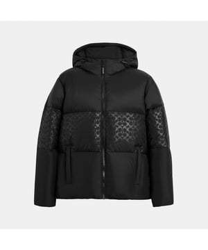 Colorblock Down Jacket, Model is 6'2" (188cm) and wears a size M, Slip pockets,  Length: 70.50 cm